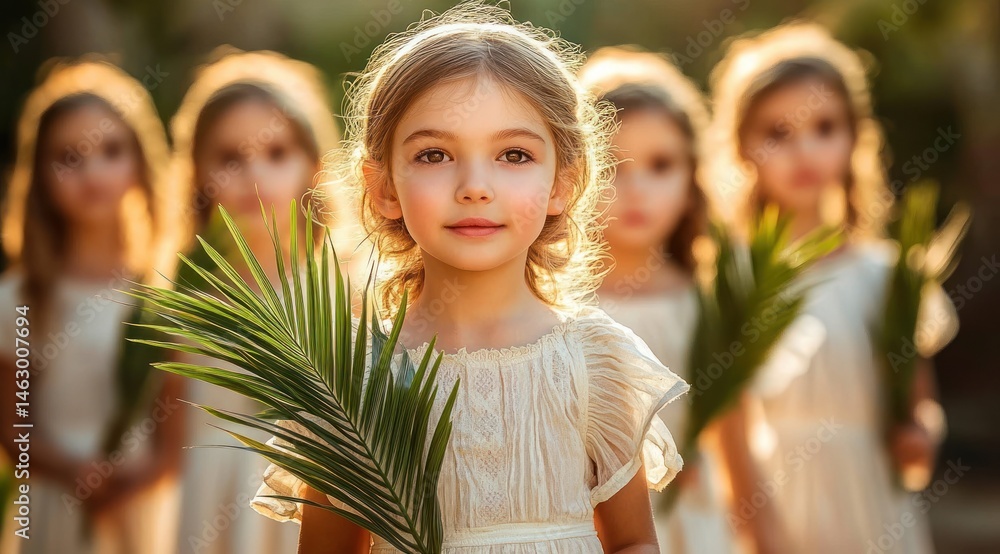 A young girl holding green palm leaves stands in soft sunlight with four girls in white dresses blurred behind her, evoking innocence and calmness