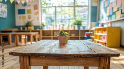 Cozy, well-lit classroom with wooden tables, small potted plants on the table, colorful wall decorations, and organized shelves filled with educational materials
