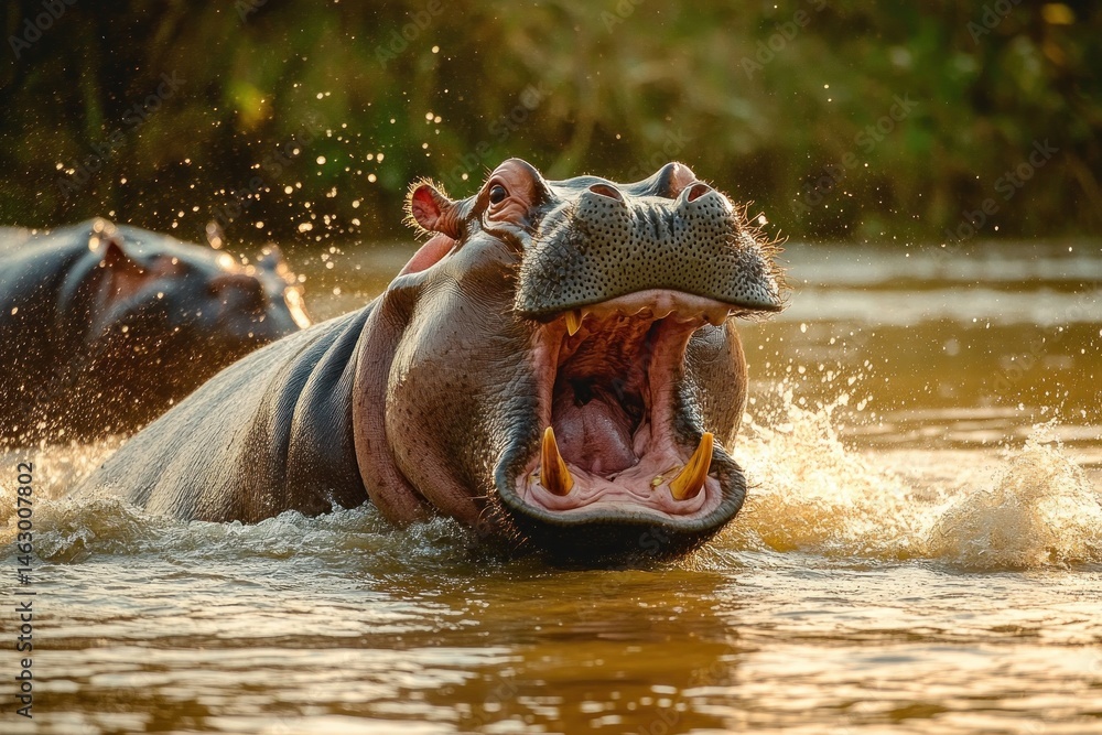 Close-up of a hippopotamus emerging from water with mouth wide open showing large teeth and splash droplets, surrounded by natural pond environment