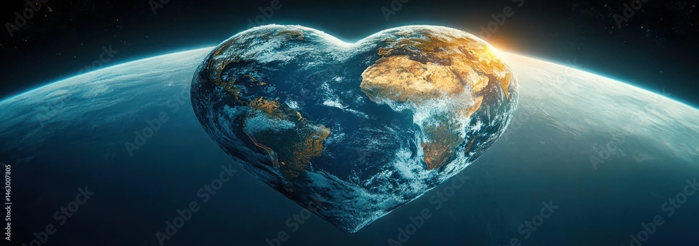 Heart-shaped Earth floating in space with glowing sunlight illuminating part of the continent and detailed land and ocean textures