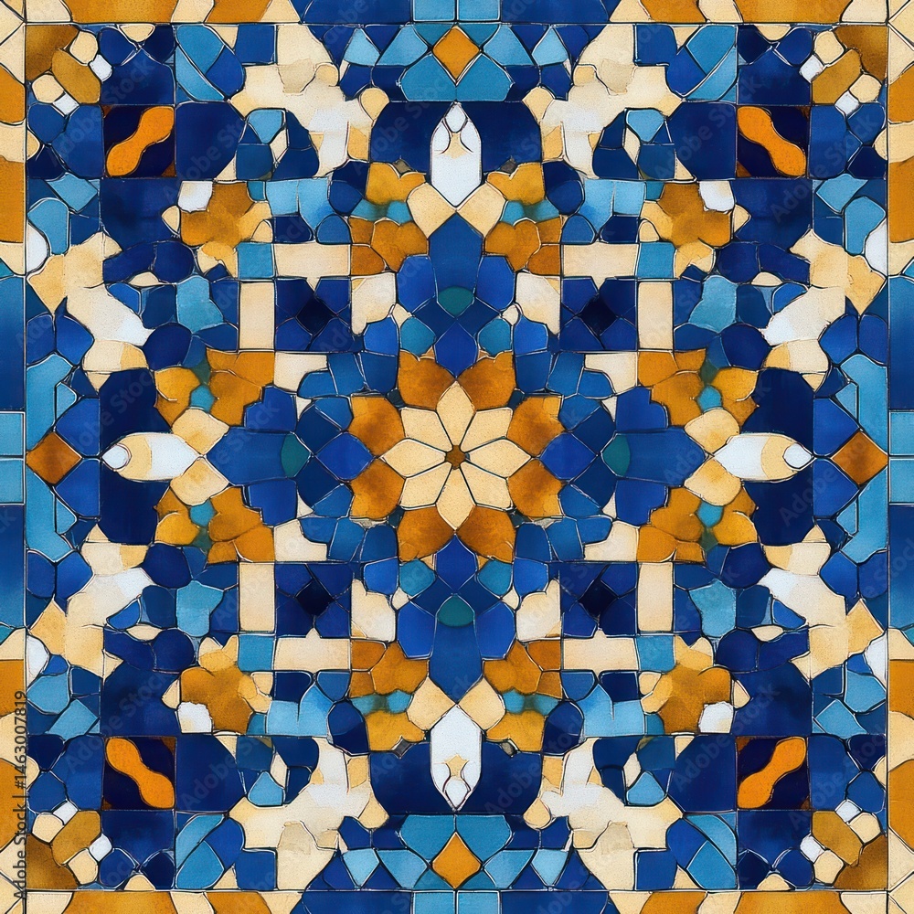 intricate symmetrical mosaic tile design with geometric patterns in blue, white, and ochre colors creating a star-like central motif