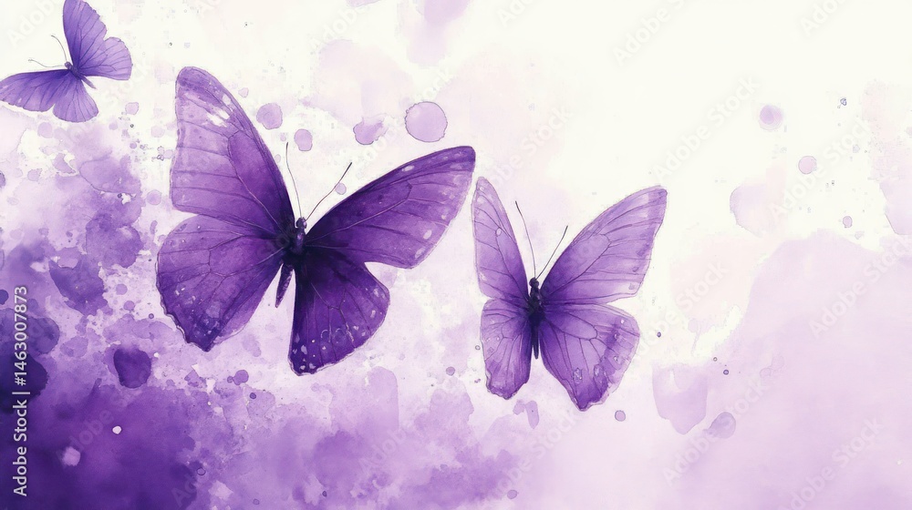 Three purple butterflies flying over a background of watercolor splashes in various shades of purple creating a dreamy and delicate atmosphere