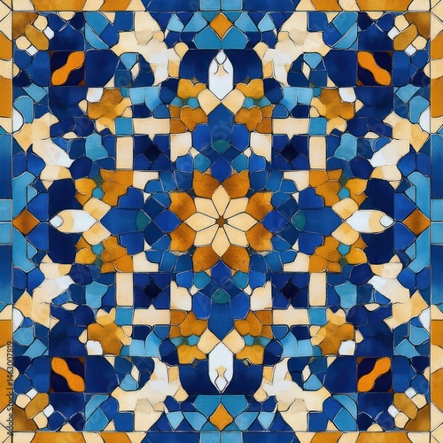 Obraz na płótnie intricate symmetrical mosaic tile design with geometric patterns in blue, white, and ochre colors creating a star-like central motif w salonie