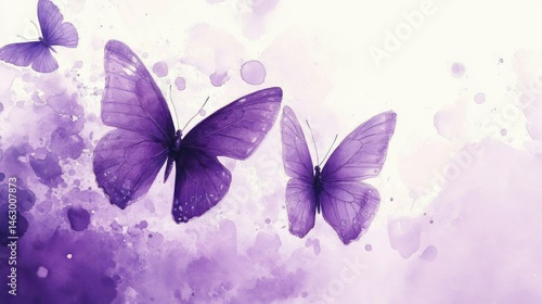 Obraz na płótnie Three purple butterflies flying over a background of watercolor splashes in various shades of purple creating a dreamy and delicate atmosphere w salonie