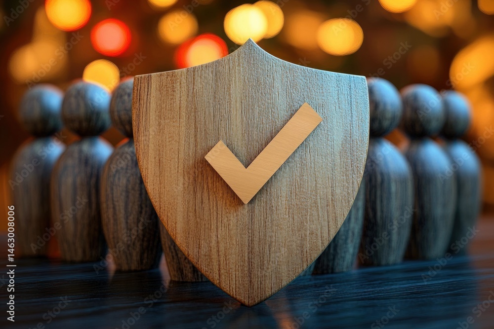 wooden shield with check mark symbol protecting a group of wooden figurines against warm glowing background lights symbolizing security and trust