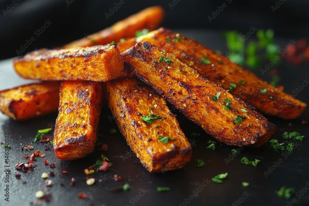 close-up of seasoned and roasted carrot sticks garnished with herbs on a dark surface