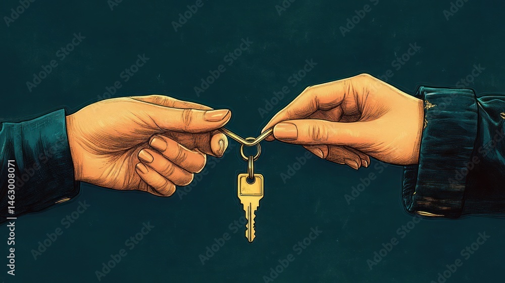Two hands exchanging a golden key against a dark green background symbolizing trust and transfer