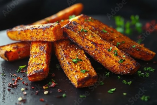 Obraz na płótnie close-up of seasoned and roasted carrot sticks garnished with herbs on a dark surface w salonie