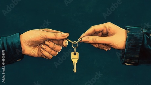 Obraz na płótnie Two hands exchanging a golden key against a dark green background symbolizing trust and transfer w salonie