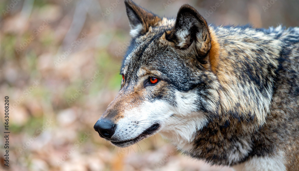 Fototapeta premium Alpha wolf with striking red eyes