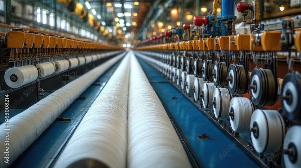Industrial textile machinery producing multiple rolls of white fabric in a large, well-lit factory environment