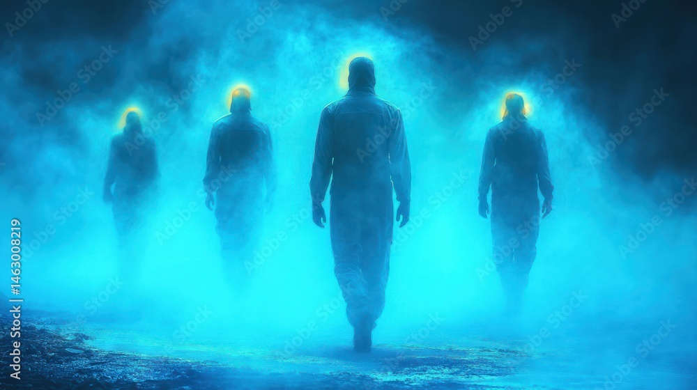 Four figures walking through a blue mist with glowing yellow halos around their heads creating a mysterious and otherworldly atmosphere