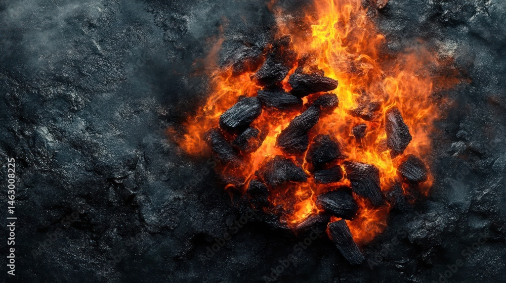 Glowing hot charcoal pieces burning intensely with bright orange flames on a dark surface creating a contrast of fire and blackened coal