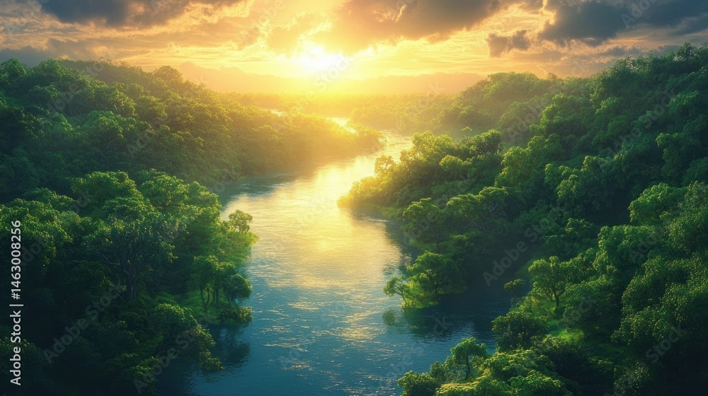 Golden sunlight illuminating a winding river surrounded by dense green forest under a dramatic cloudy sky at sunset