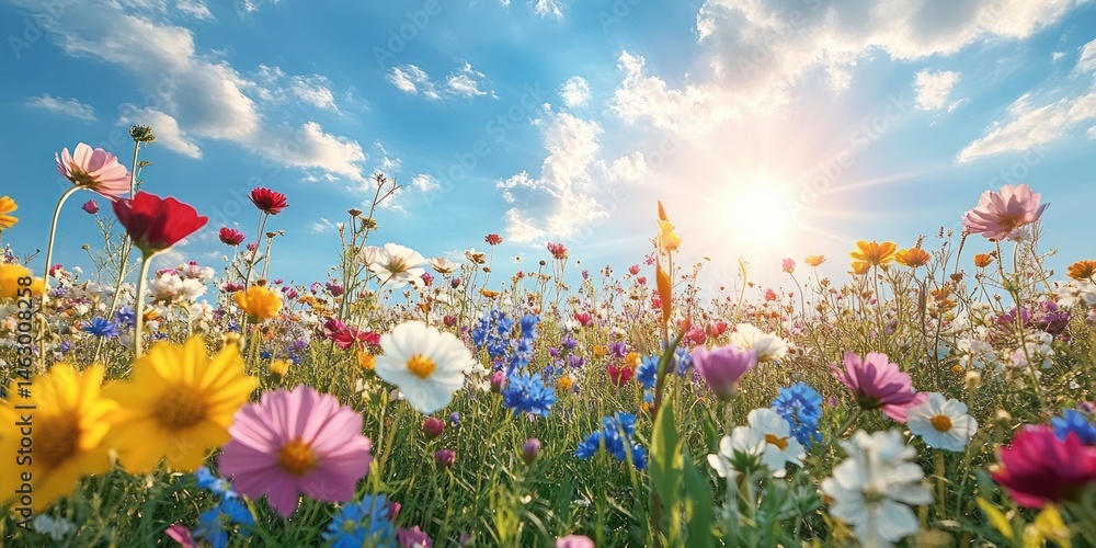 Bright and colorful wildflower meadow under a partly cloudy blue sky with the sun shining warmly over the horizon