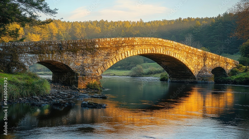 Stone arch bridge over calm river surrounded by dense green forest during golden hour with warm sunlight reflecting on water