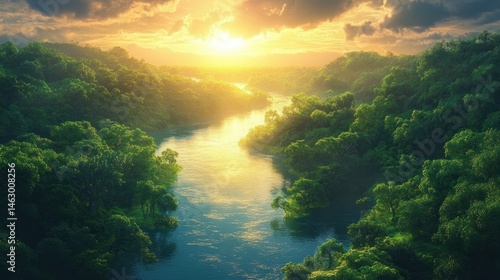 Obraz na płótnie Golden sunlight illuminating a winding river surrounded by dense green forest under a dramatic cloudy sky at sunset w salonie