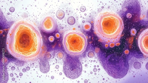 Obraz na płótnie Abstract scientific visualization of cells or molecules with vibrant orange centers surrounded by purple and pink textured layers on a white background w salonie