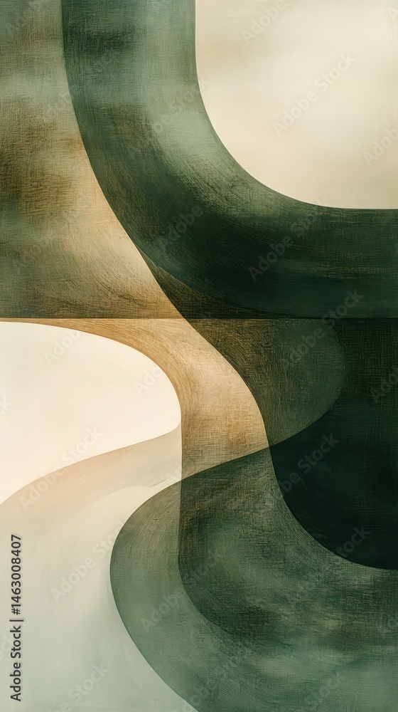 Abstract composition featuring flowing curved shapes and soft transitions in muted green and beige tones evoking calm and subtle movement
