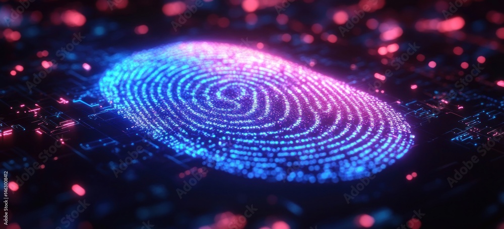 Close-up of glowing digital fingerprint on a dark futuristic circuit board with blue and pink light dots symbolizing biometric security and technology