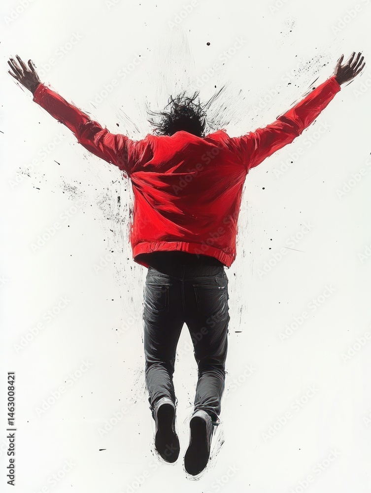 Person wearing a red jacket and dark pants jumping or falling backwards with arms outstretched against a white background, conveying motion and energy