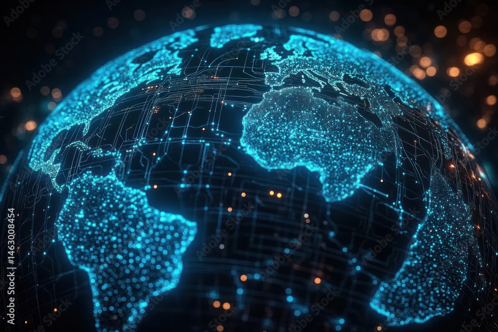 Digital glowing representation of Earth focusing on continents with network connections and illuminated data points in a dark space environment
