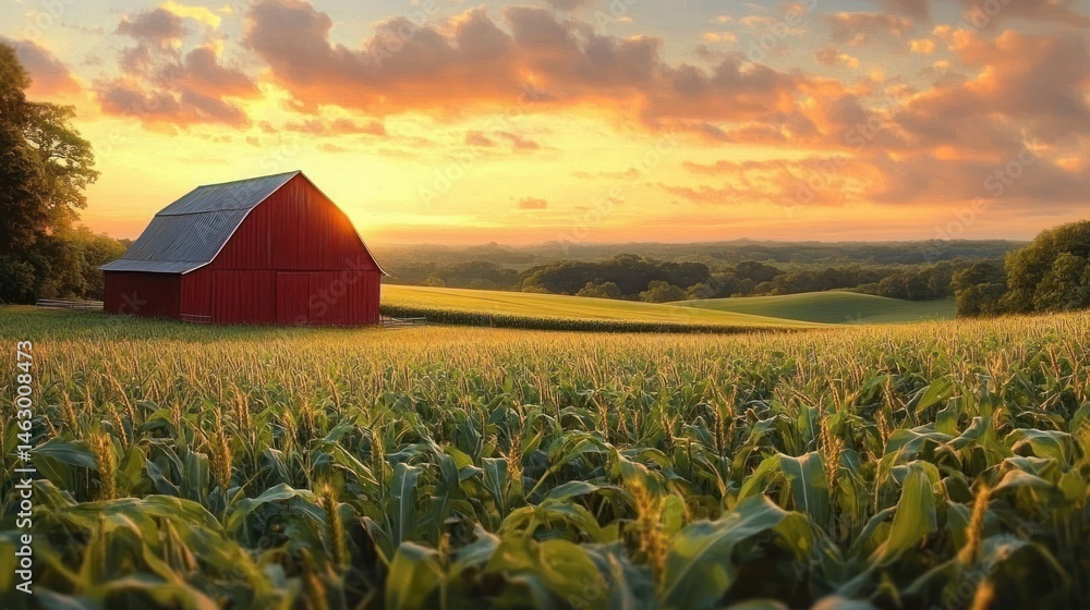 Wide view of a green cornfield with a red barn to the left under a vibrant orange sunset sky with scattered clouds over rolling hills and distant trees