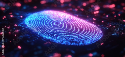 Obraz na płótnie Close-up of glowing digital fingerprint on a dark futuristic circuit board with blue and pink light dots symbolizing biometric security and technology w salonie