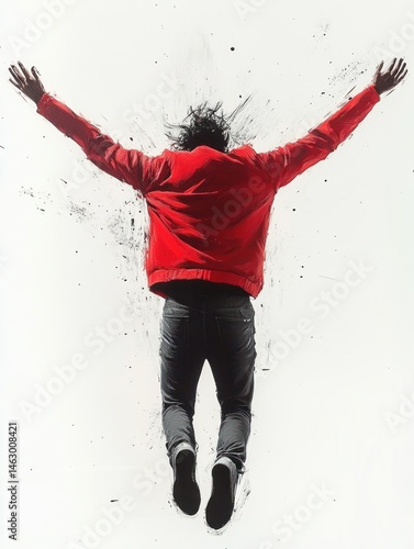 Obraz na płótnie Person wearing a red jacket and dark pants jumping or falling backwards with arms outstretched against a white background, conveying motion and energy w salonie