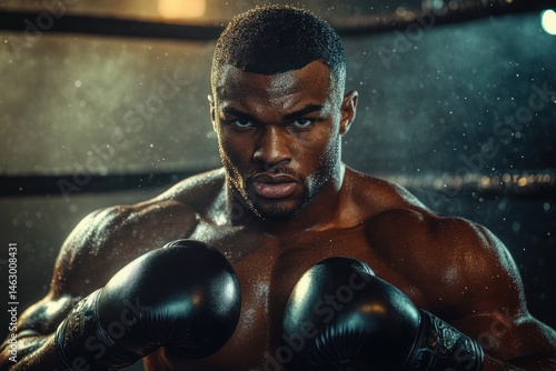 Obraz na płótnie Focused muscular boxer with black gloves in boxing ring under dramatic lighting, showing intense determination and readiness for fight w salonie