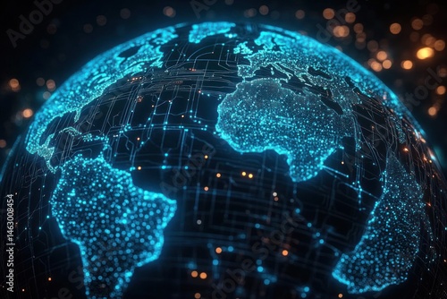 Obraz na płótnie Digital glowing representation of Earth focusing on continents with network connections and illuminated data points in a dark space environment w salonie