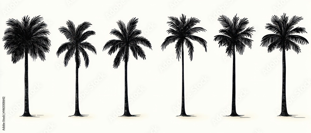 Illustration of six different black silhouette palm trees evenly spaced on a light background, showing various leaf shapes and trunk textures