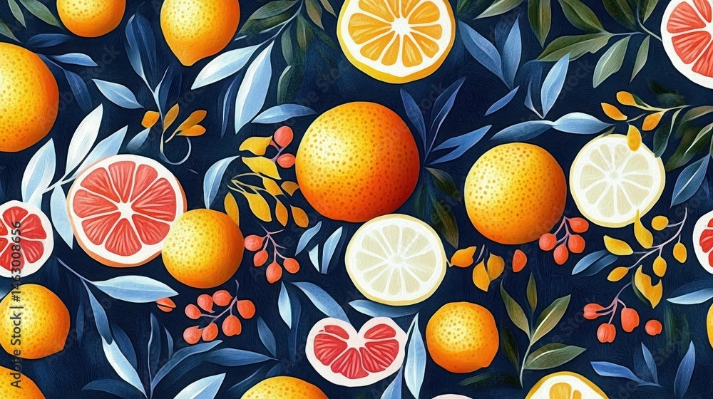 Bright and colorful illustration of whole and sliced citrus fruits including oranges, lemons, and grapefruits surrounded by blue and green leaves and small berries on dark background