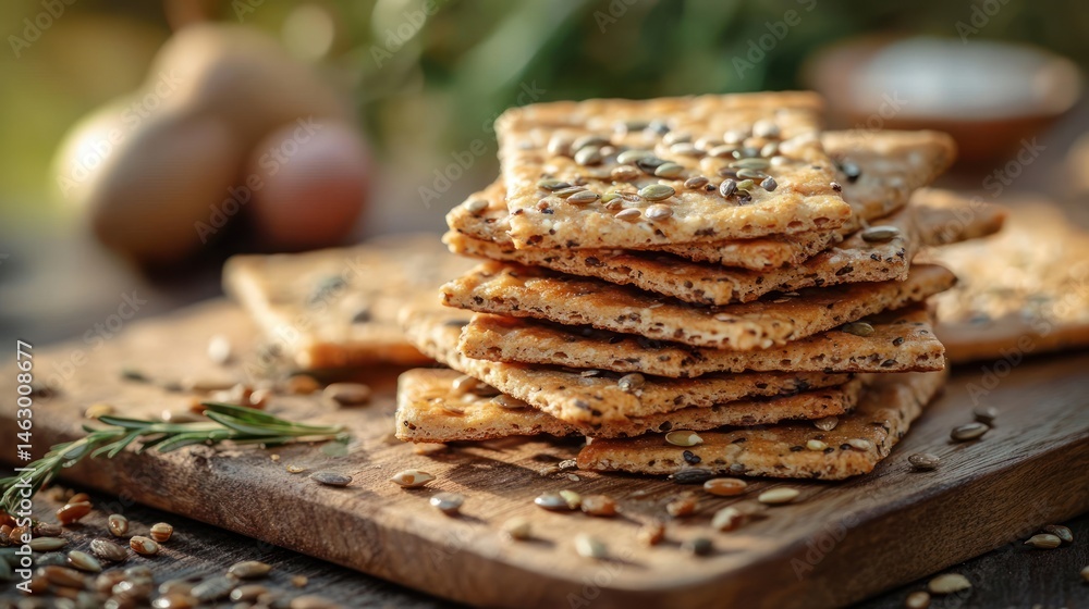 Stack of multigrain crackers sprinkled with seeds on a wooden cutting board with rosemary sprigs and blurred background