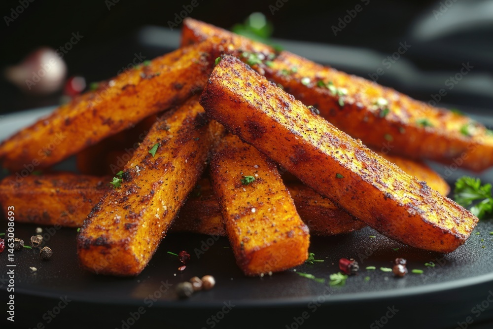 Close-up of seasoned and roasted carrot fries stacked on a black plate with scattered peppercorns and herbs, showcasing crispy texture and warm colors