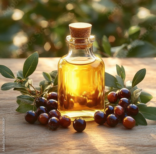 Small glass bottle filled with golden oil surrounded by ripe dark olives and green leaves on wooden surface with warm sunlight