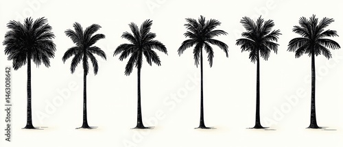 Obraz na płótnie Illustration of six different black silhouette palm trees evenly spaced on a light background, showing various leaf shapes and trunk textures w salonie