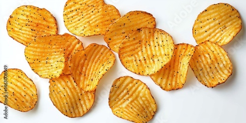 Close-up of ridged potato chips seasoned with black pepper scattered on a white background