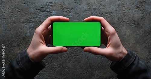 Obraz na płótnie Pair of hands holding a smartphone horizontally with a green screen over a dark textured surface w salonie