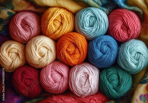 Obraz na płótnie Tightly coiled balls of yarn in various colors including pink, orange, blue, green, cream, red, and teal arranged neatly against a soft fabric background w salonie
