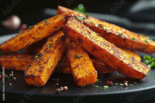 Obraz na płótnie Close-up of seasoned and roasted carrot fries stacked on a black plate with scattered peppercorns and herbs, showcasing crispy texture and warm colors w salonie
