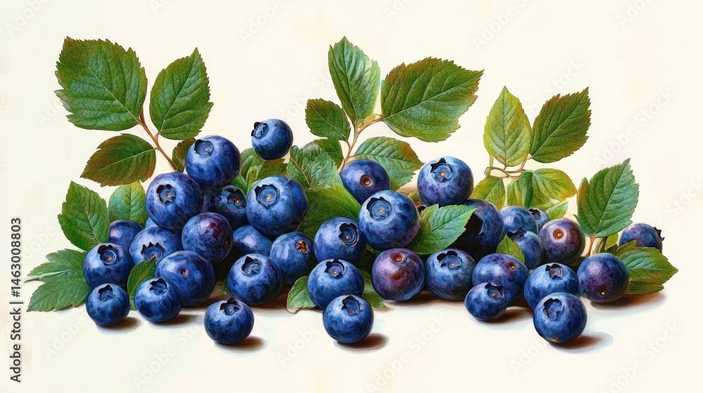Fresh ripe blueberries clustered with green leaves on a light background conveying natural freshness and abundance