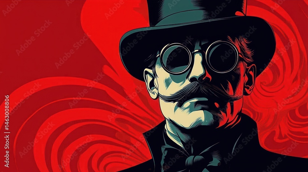 Stylized illustration of a man with a handlebar mustache wearing round sunglasses and a tall top hat against a dynamic red smoky background, evoking mystery and vintage elegance