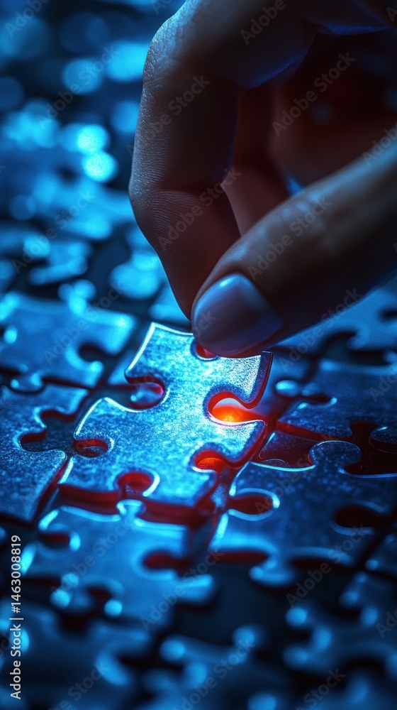 Hand carefully placing the final glowing puzzle piece into a nearly completed metallic puzzle under cool blue lighting, symbolizing focus and achievement