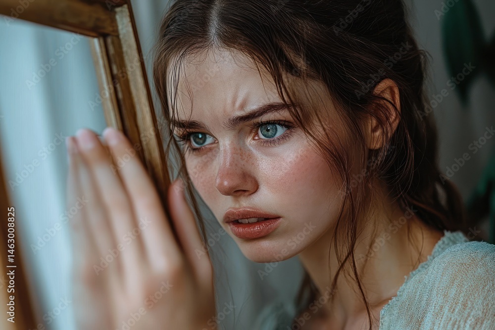 Young woman with blue eyes and freckles looking intently with a worried or concerned expression while reaching out with her hand