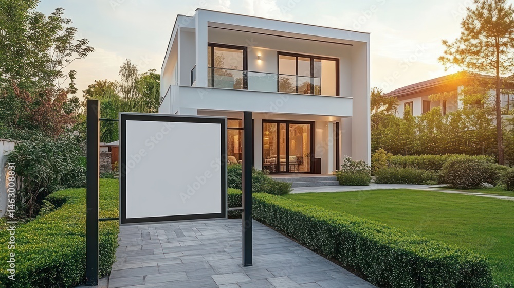 Modern two-story house with large windows and glass balcony surrounded by green manicured lawn and hedges at sunset with a blank real estate sign in front
