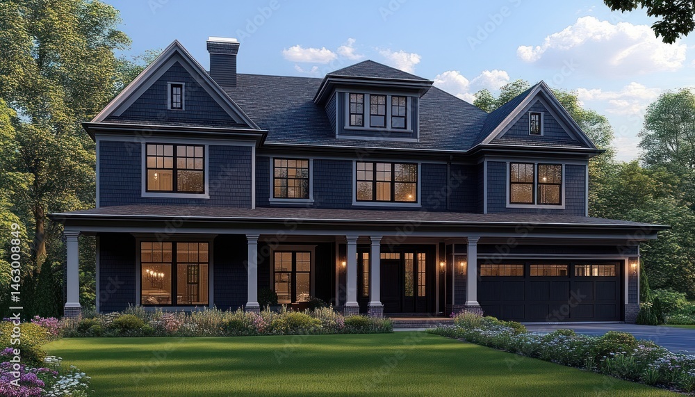 Elegant two-story dark blue house with large windows and well-maintained garden under a bright sky