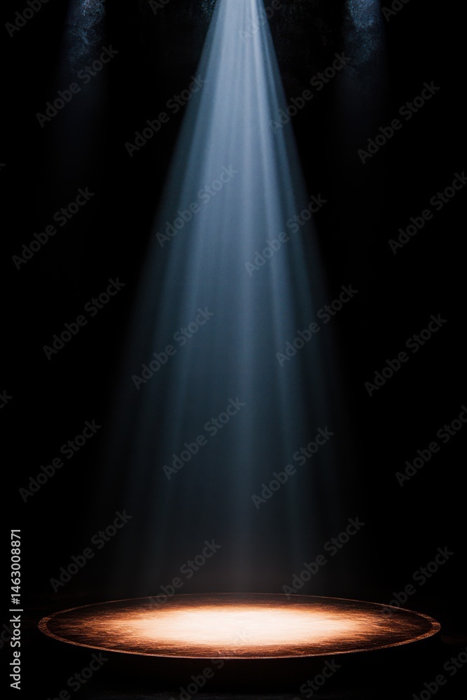 Empty circular stage illuminated by a single bright spotlight in a dark surrounding, creating a dramatic and focused atmosphere