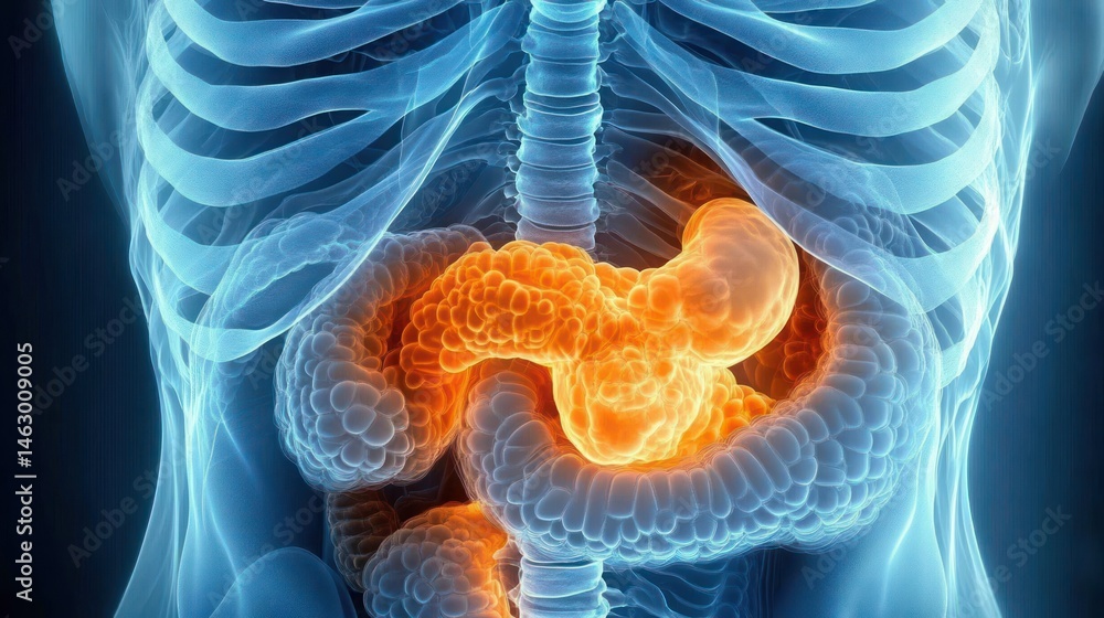 3D visualization of human digestive system highlighting intestines within transparent rib cage and torso, showing detailed internal anatomy with glowing effect