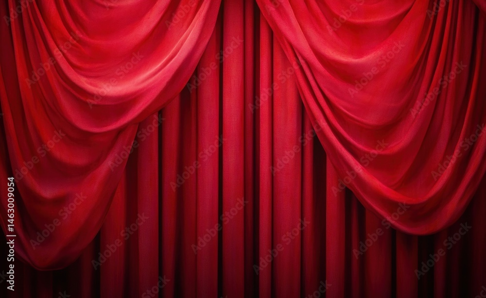 Luxurious deep red theater curtains hanging with elegant folds and soft lighting evoking anticipation and drama